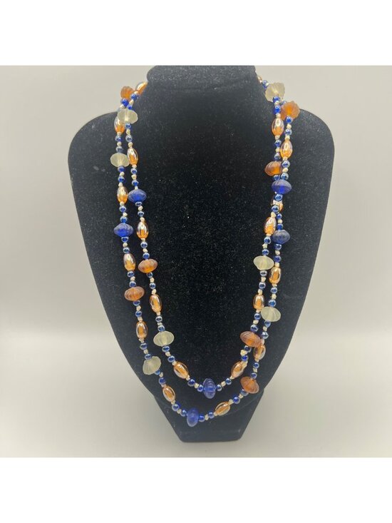 Jewelry - Vintage Hand Knotted Glass Bead Necklace 36" Cobalt Blue Amber Frosted White